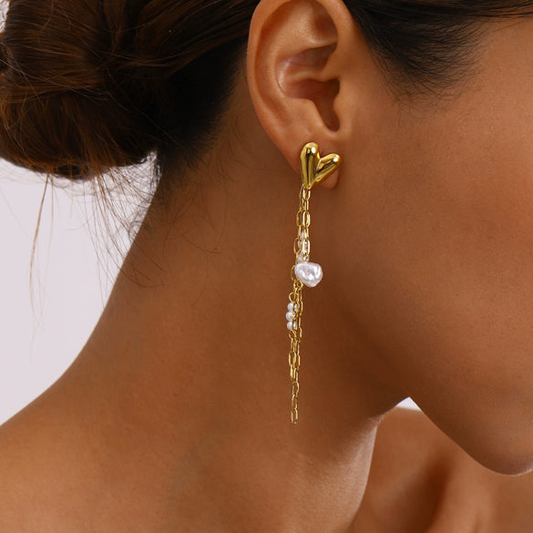 Wholesale Stainless Steel Pearl Love Tassel Earrings With Bow Tie Pattern And Electroplating Treatment For Women