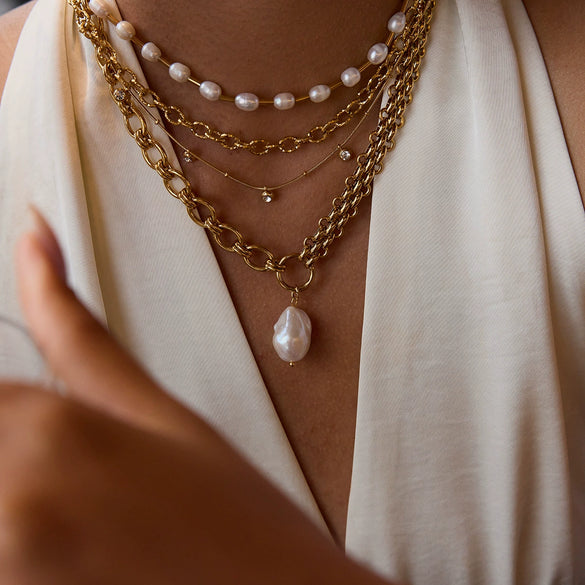 Wholesale Stainless Steel Pearl Necklace With Geometric Pattern Titanium Steel Pendant Electroplated Light Luxury Minimalist Style For Women