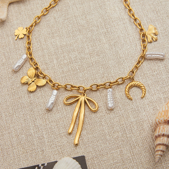 Wholesale Stainless Steel Pearl Pendant Necklace With Geometric Pattern Electroplating Processing Women's Minimalist Jewelry