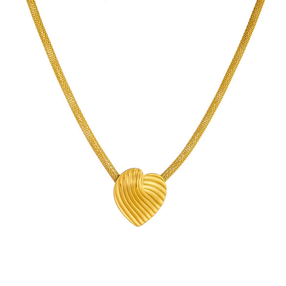 Wholesale Stainless Steel Pendant Necklace For Women Fashion Retro Gold Plated Heart Shape Striped Mesh Chain