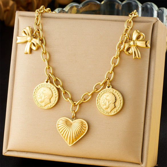 Wholesale Stainless Steel Pendant Necklace With Goldplated Ochain Retro Heavy Industry Style Bow And Heart Shape Design