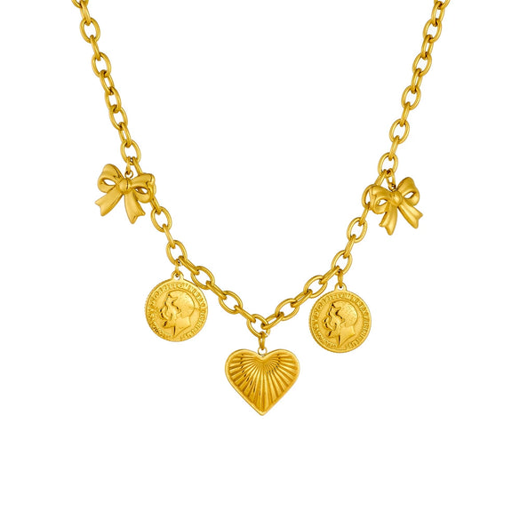 Wholesale Stainless Steel Pendant Necklace With Goldplated Ochain Retro Heavy Industry Style Bow And Heart Shape Design