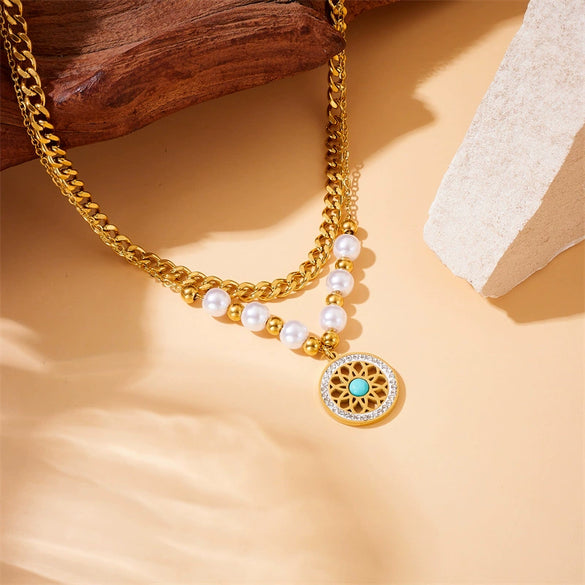 Wholesale Stainless Steel Pendant Necklace With Inlaid Pearl Love Cross Eyes Turquoise Retro Fashion Style Electroplated