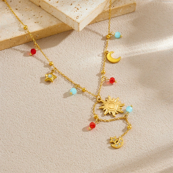 Wholesale Stainless Steel Pendant Necklace With Star Moon Sun Pattern Yshaped Chain Retro Chic Style Electroplating Process