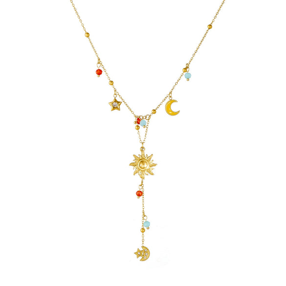 Wholesale Stainless Steel Pendant Necklace With Star Moon Sun Pattern Yshaped Chain Retro Chic Style Electroplating Process