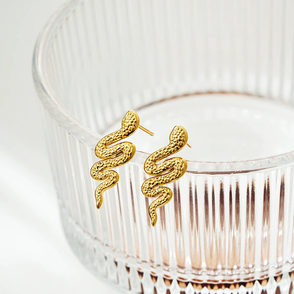 Wholesale Stainless Steel Personality Animal Zodiac Golden Snake Liquid Earrings With Electroplating