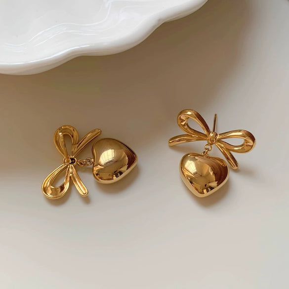 Wholesale Stainless Steel Personality Bowknot Heart Stud Earrings For Women