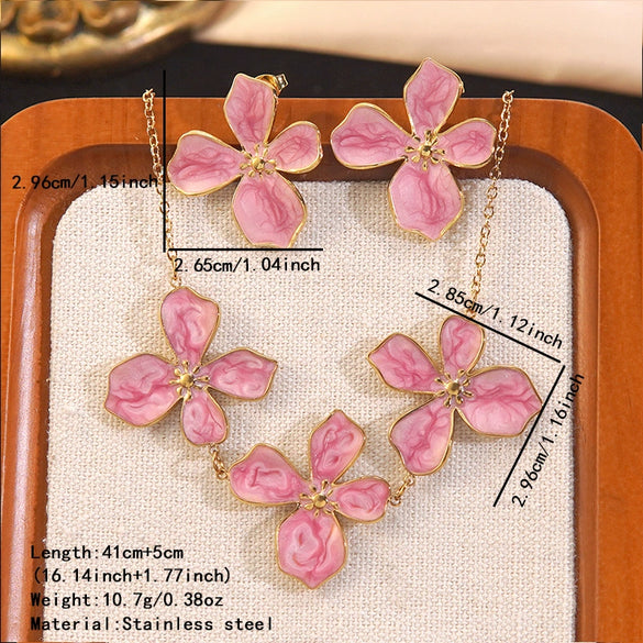 Wholesale Stainless Steel Plants And Flowers Dripping Oil Style Necklace And Earrings Set For Women