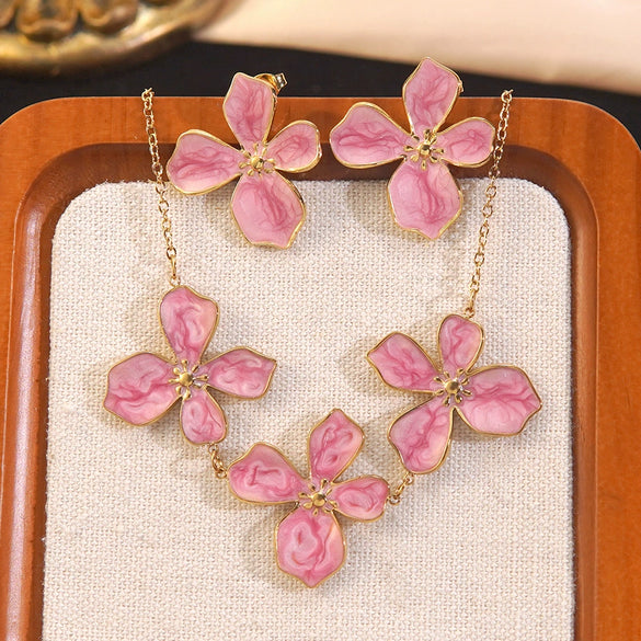 Wholesale Stainless Steel Plants And Flowers Dripping Oil Style Necklace And Earrings Set For Women