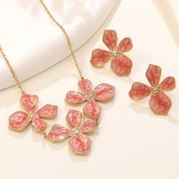 Wholesale Stainless Steel Plants And Flowers Pattern Electroplated Necklace And Earrings Set For Women