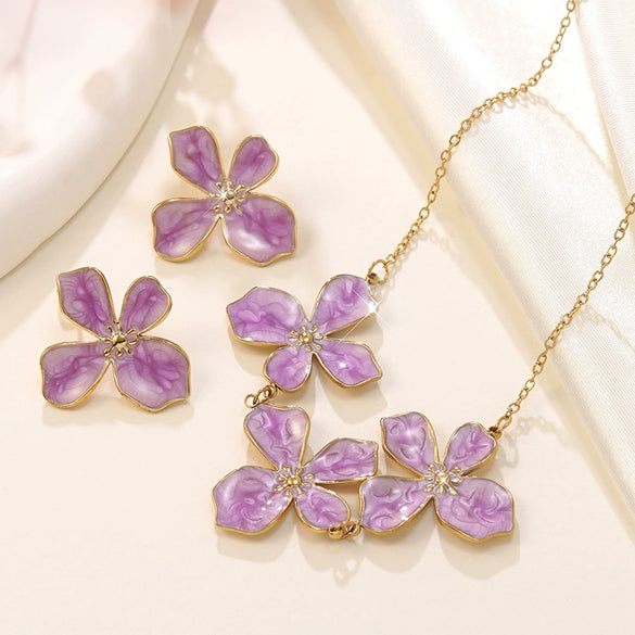 Wholesale Stainless Steel Plants And Flowers Pattern Electroplated Necklace And Earrings Set For Women
