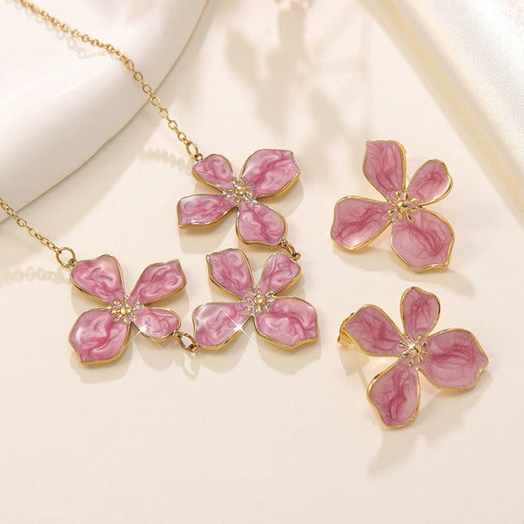 Wholesale Stainless Steel Plants And Flowers Pattern Electroplated Necklace And Earrings Set For Women