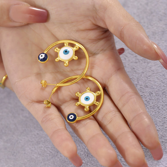 Wholesale Stainless Steel Plated 18K Gold Enamel Glaze Geometric Light Eyes C Ring Exaggerated Earrings For Women With Electroplating