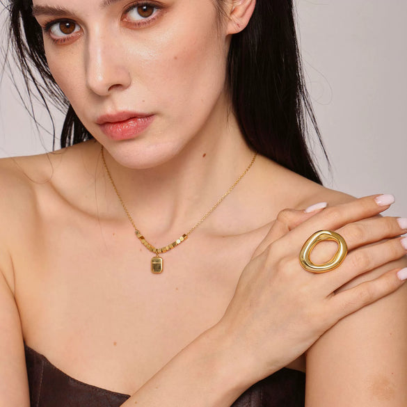 Wholesale 316L Stainless Steel Plated 18K Gold Fashion Open Hollow Square Clavicle Necklace And Ring