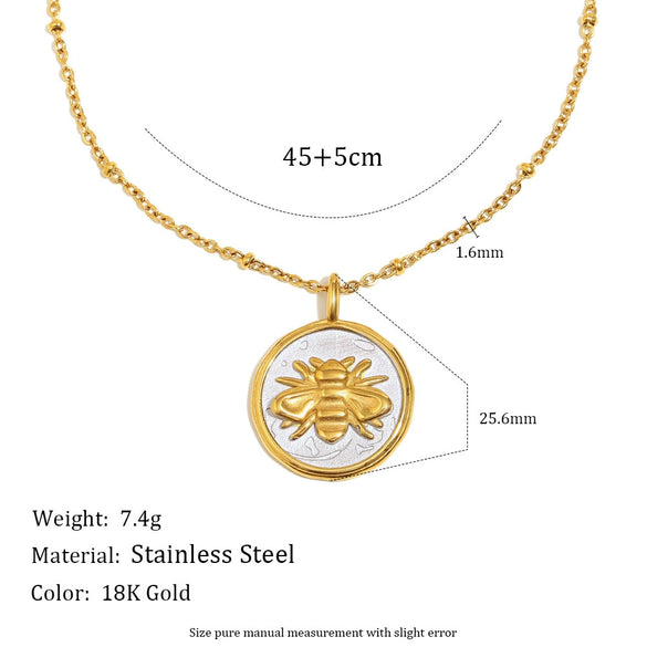 Wholesale Stainless Steel Plated 18K Gold Geometric Bee Coin Pendant Clip Bead Chain Women's Necklace