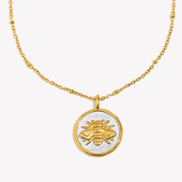 Wholesale Stainless Steel Plated 18K Gold Geometric Bee Coin Pendant Clip Bead Chain Women's Necklace