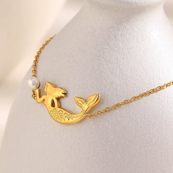 Wholesale Stainless Steel Plated 18K Gold Imitation Pearl Mermaid Pendant Necklace And Bracelet For Women With Geometric Design And Electroplating Process