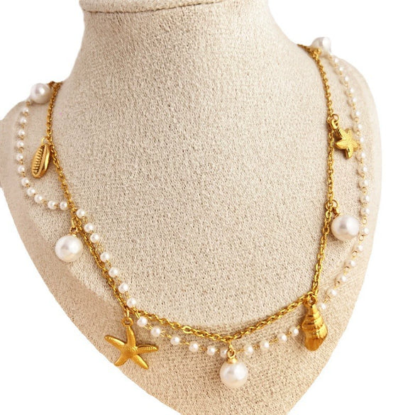 Wholesale Stainless Steel Plated 18K Gold Pearl Star U Shape Pendant Necklace With Vintage Style