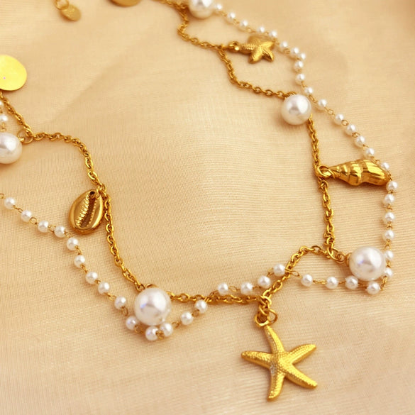 Wholesale Stainless Steel Plated 18K Gold Pearl Star U Shape Pendant Necklace With Vintage Style