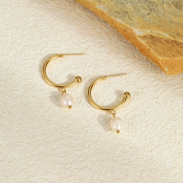 Wholesale Stainless Steel Plated Real Gold Natural Freshwater Pearl Geometric Earrings For Women