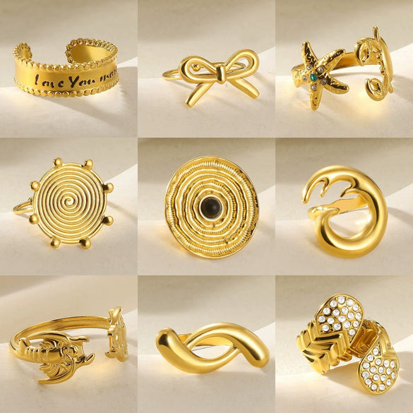 Wholesale Stainless Steel Pleated Geometric Glossy Ring With Sunflower Design And Electroplating