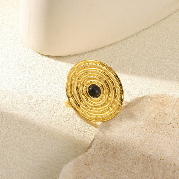 Wholesale Stainless Steel Pleated Geometric Glossy Ring With Sunflower Design And Electroplating