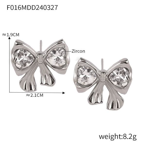 Wholesale 316L Stainless Steel Pleated Zircon Bow Geometric Women's Earrings Pvd Plated 18K Real Gold Light Luxury Style