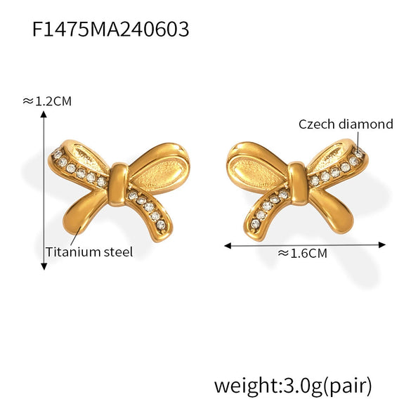 Wholesale 316L Stainless Steel Pleated Zircon Bow Geometric Women's Earrings Pvd Plated 18K Real Gold Light Luxury Style