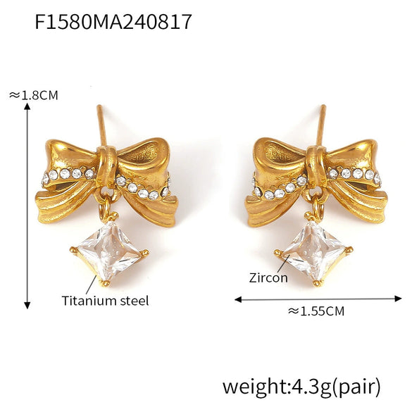 Wholesale 316L Stainless Steel Pleated Zircon Bow Geometric Women's Earrings Pvd Plated 18K Real Gold Light Luxury Style