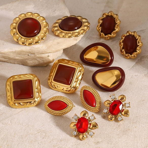 Wholesale Stainless Steel Red Agate Earrings With Zircon Geometric Style Electroplated For Women