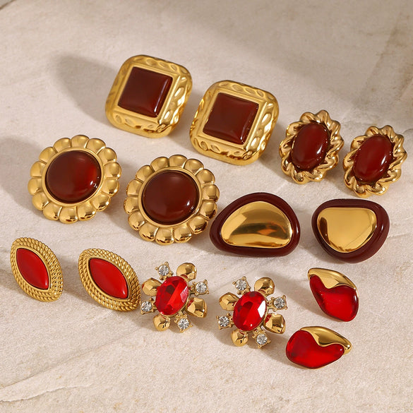 Wholesale Stainless Steel Red Agate Earrings With Zircon Geometric Style Electroplated For Women