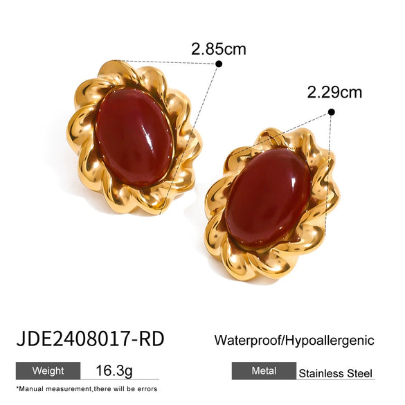 Wholesale Stainless Steel Red Agate Earrings With Zircon Geometric Style Electroplated For Women