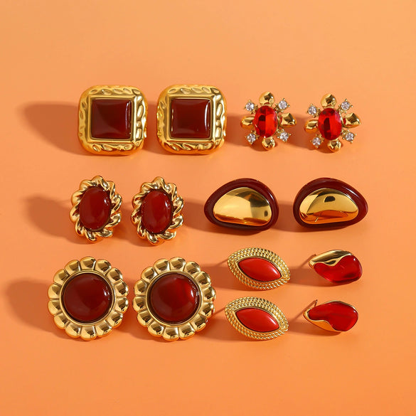 Wholesale Stainless Steel Red Agate Earrings With Zircon Geometric Style Electroplated For Women