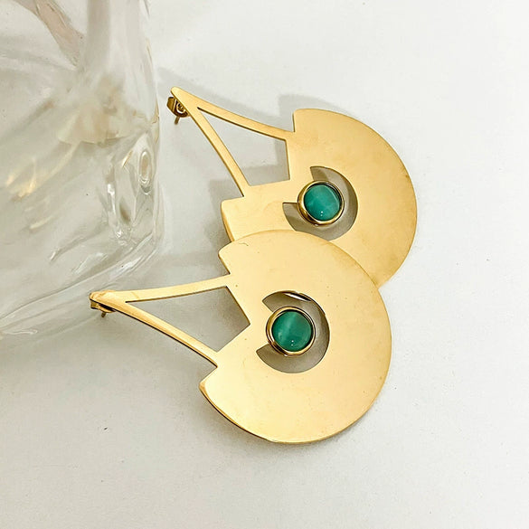 Wholesale Stainless Steel Retro Geometric Lines Emerald Long Earrings With Real Gold Electroplating