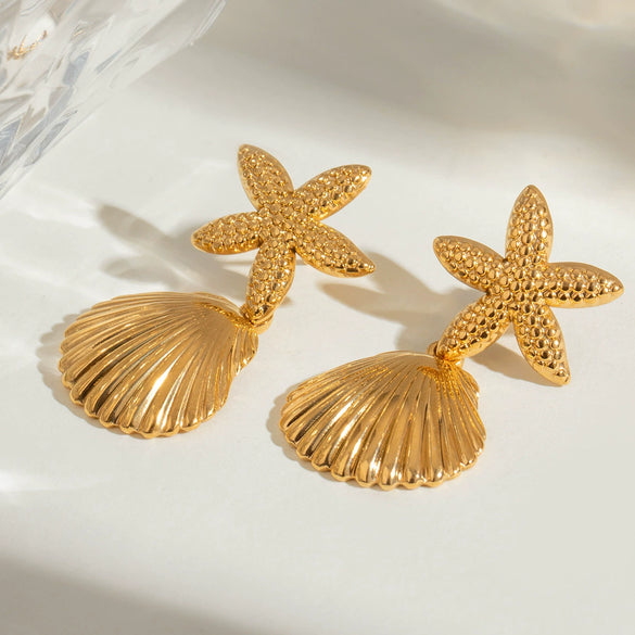Wholesale Stainless Steel Retro Geometric Starfish Shell Pendant Earrings For Women Electroplated Jewelry