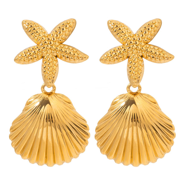 Wholesale Stainless Steel Retro Geometric Starfish Shell Pendant Earrings For Women Electroplated Jewelry