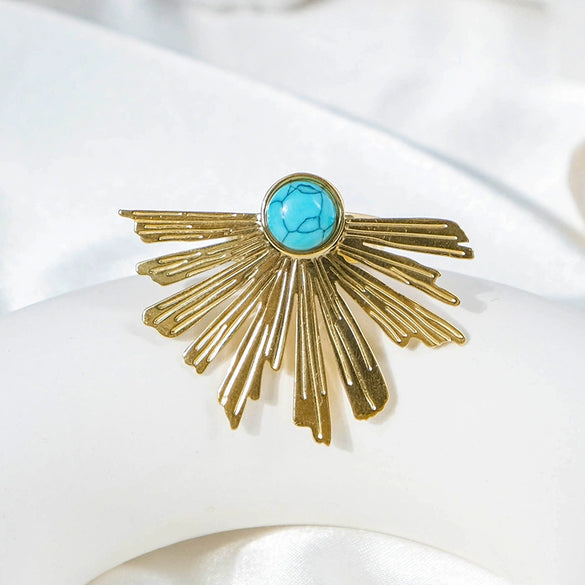 Wholesale Stainless Steel Retro High Street Ring With Inlaid Blue Turquoise In Radial Tree Shape And Electroplating Treatment