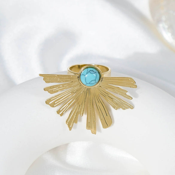 Wholesale Stainless Steel Retro High Street Ring With Inlaid Blue Turquoise In Radial Tree Shape And Electroplating Treatment