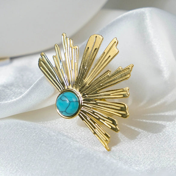 Wholesale Stainless Steel Retro High Street Ring With Inlaid Blue Turquoise In Radial Tree Shape And Electroplating Treatment