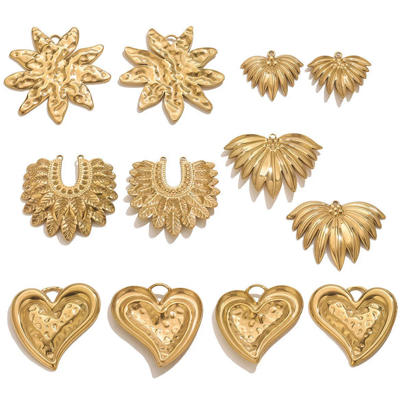 Wholesale Stainless Steel Retro Style Embossed Texture Gold Pendant Set With Flower Heart Fanshaped And Leaf Shapes Electroplated Diy Jewelry Accessories
