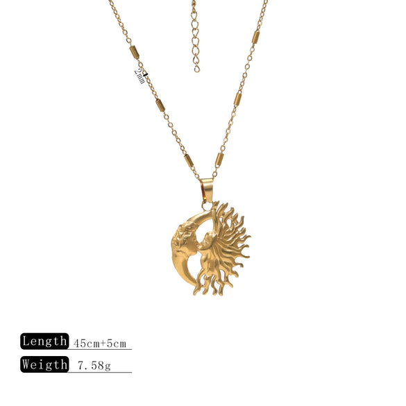 Wholesale Stainless Steel Retro Style Moon Shaped Electroplated Mermaid Pendant Necklace