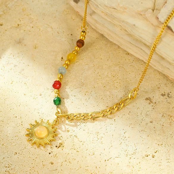 Wholesale Stainless Steel Retro Sun Pendant Necklace For Women Electroplated Gold Colorful Beaded Jewelry