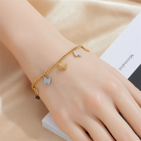 Wholesale Stainless Steel Retro Twocolor Butterfly Tree Of Life Pendant Accessories Chain Bracelet For Women With Electroplating
