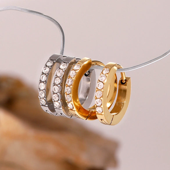 Wholesale Stainless Steel Rhinestone Circle Earrings For Women With Geometric Style And Electroplating Treatment