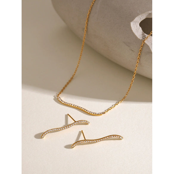 Wholesale Stainless Steel Rhinestone Necklace And Earrings With Wavy Inlay Electroplating Ochain Style For Women