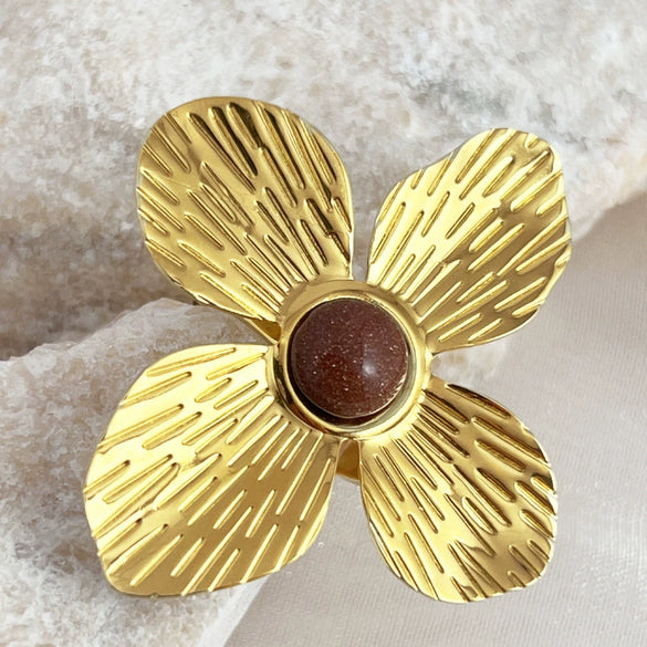 Wholesale Stainless Steel Ring Gold Plated With Cat's Eye Heart Flower Opening Design Natural Style