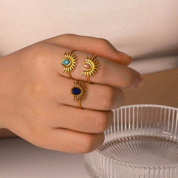 Wholesale Stainless Steel Ring In Sun Shape With Inlaid Turquoise 18K Furnace Vacuum Plated For Women Ins French Style