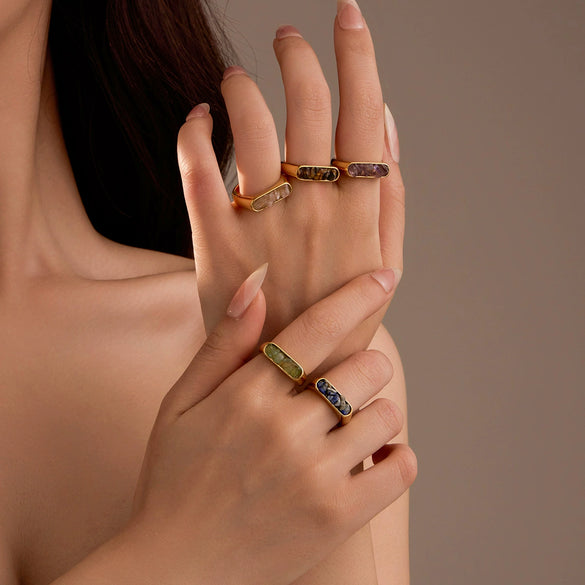 Wholesale Stainless Steel Ring Inlaid With Natural Stone French Retro Light Luxury Style For Women Electroplated
