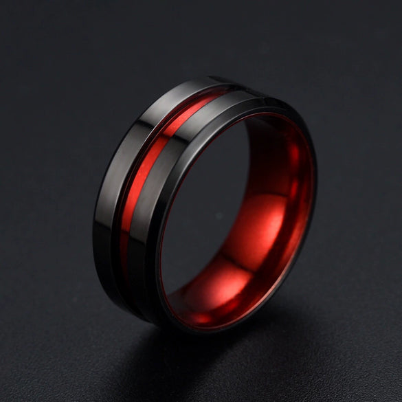 Wholesale Stainless Steel Ring Jewelry With Geometric Design And Twocolor Black Red Or Black Green Groove Unisex And Personality Style