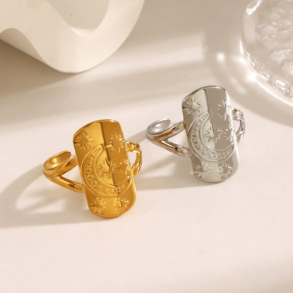 Wholesale Stainless Steel Ring Retro Geometric Star Moon Style Oil Pressure Electroplating For Women